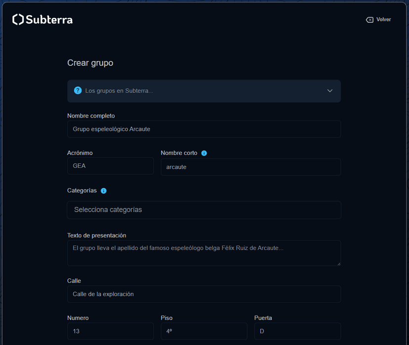 Formulario de creación de grupo