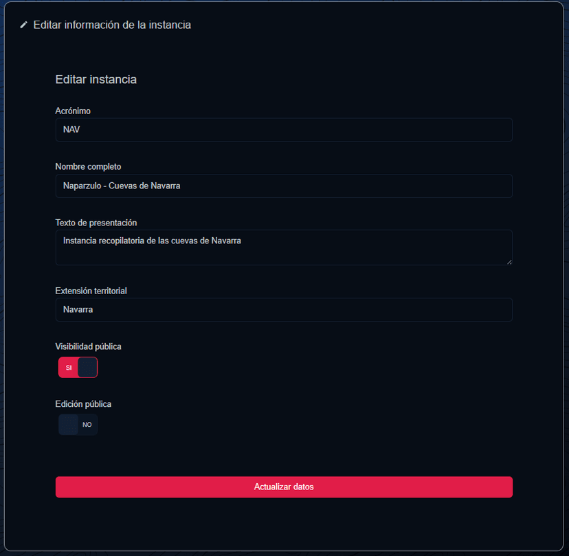 Panel de edición de instancia
